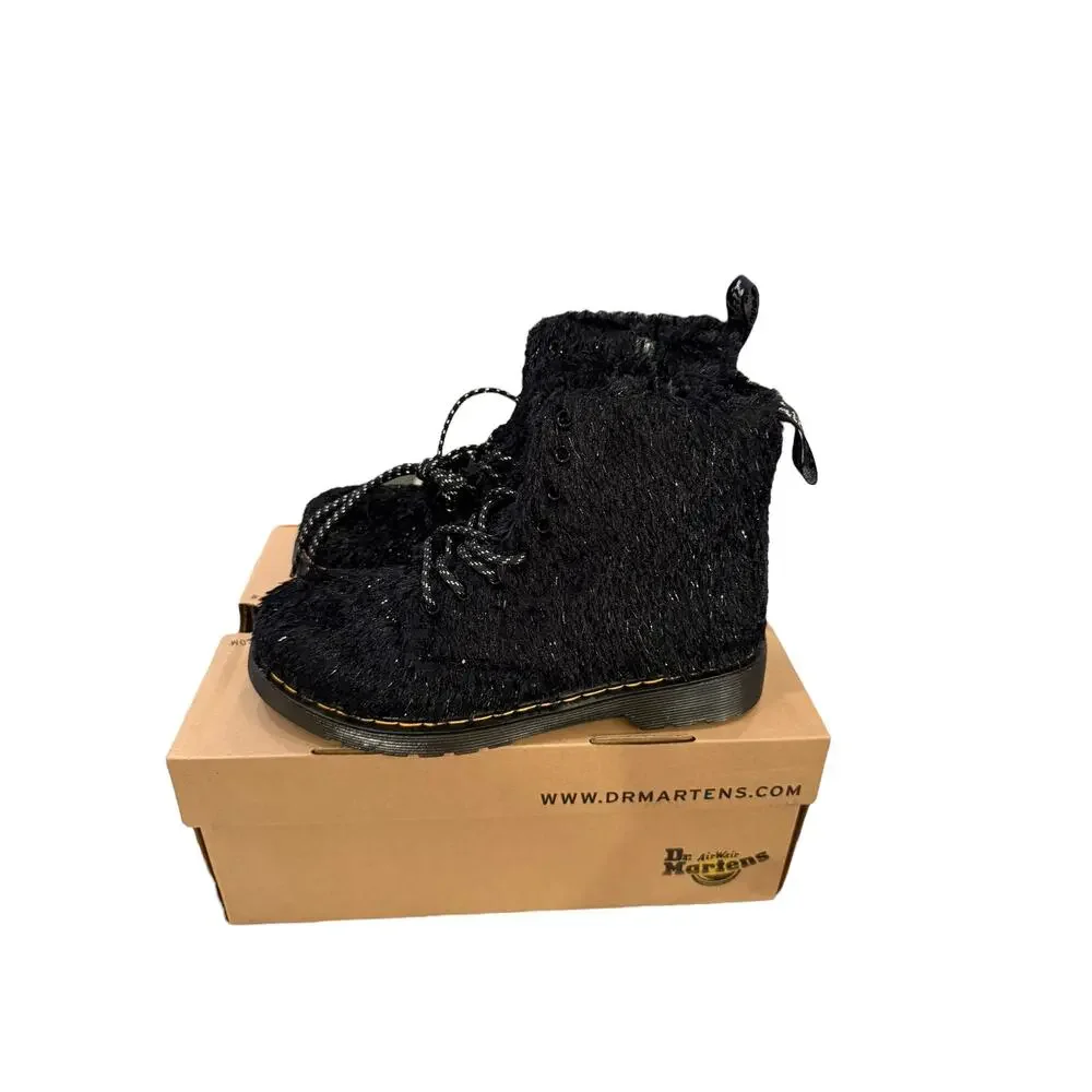 Dr. Martens Girls Junior Black Tinsel Fur 1460 Pascal Lace Up Boots Size 4 M